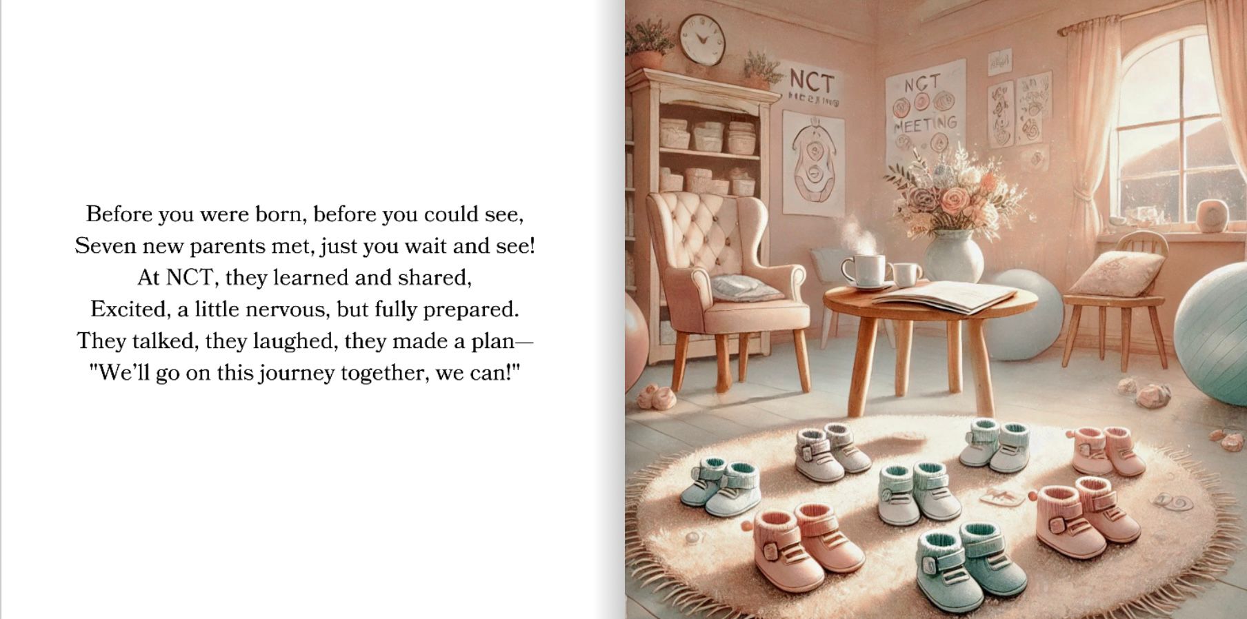 Illustrated storybook page about the parents meeting before the babies were born