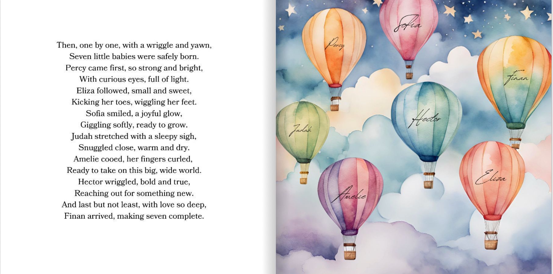 Illustration of seven hot air balloons representing the children