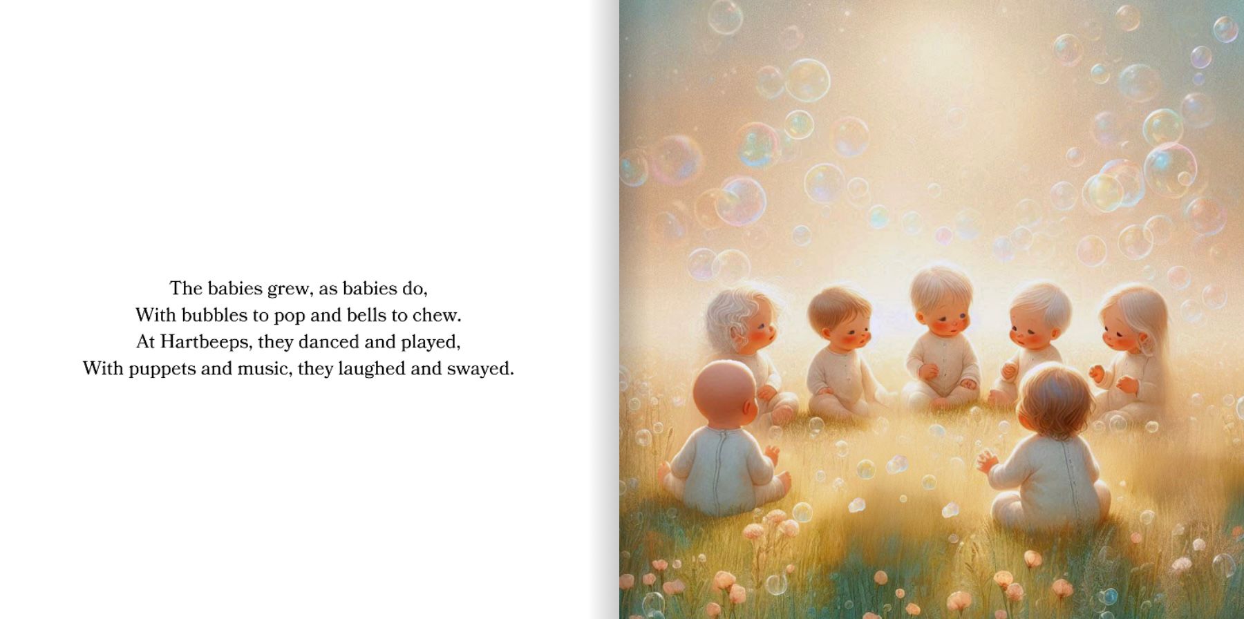 Illustrated storybook page showing the babies growing and playing together