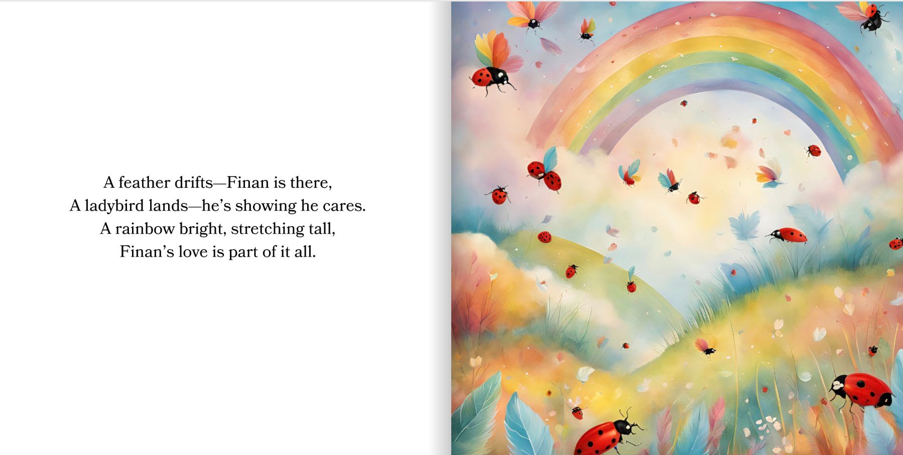 Illustrated storybook page with rainbow and ladybirds symbolising Finan’s presence
