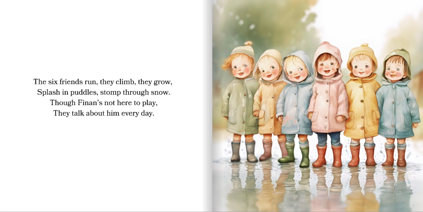 Illustrated storybook page showing the six friends growing up together