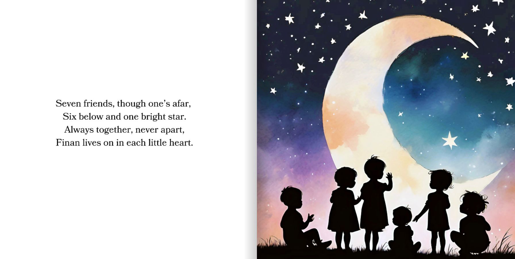 Illustration of children beneath a moon and starry sky with one bright star above